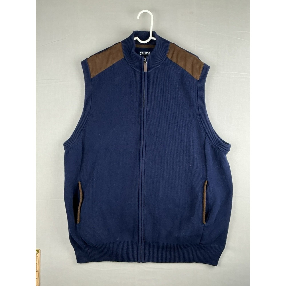 Chaps Men's 2XLT Navy Full Zip Sweater Vest Brown Suede Trim Pockets